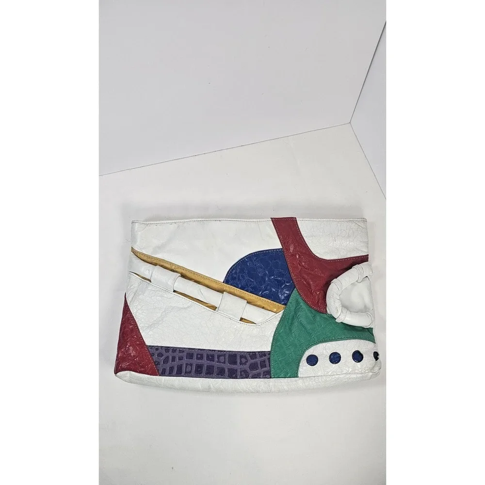 Vintage Colorblock Patchwork Clutch Purse White Croc Embossed 80s 90s